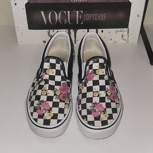 Vans Black and White Slip-On Sneakers With Floral Checkerboard Design